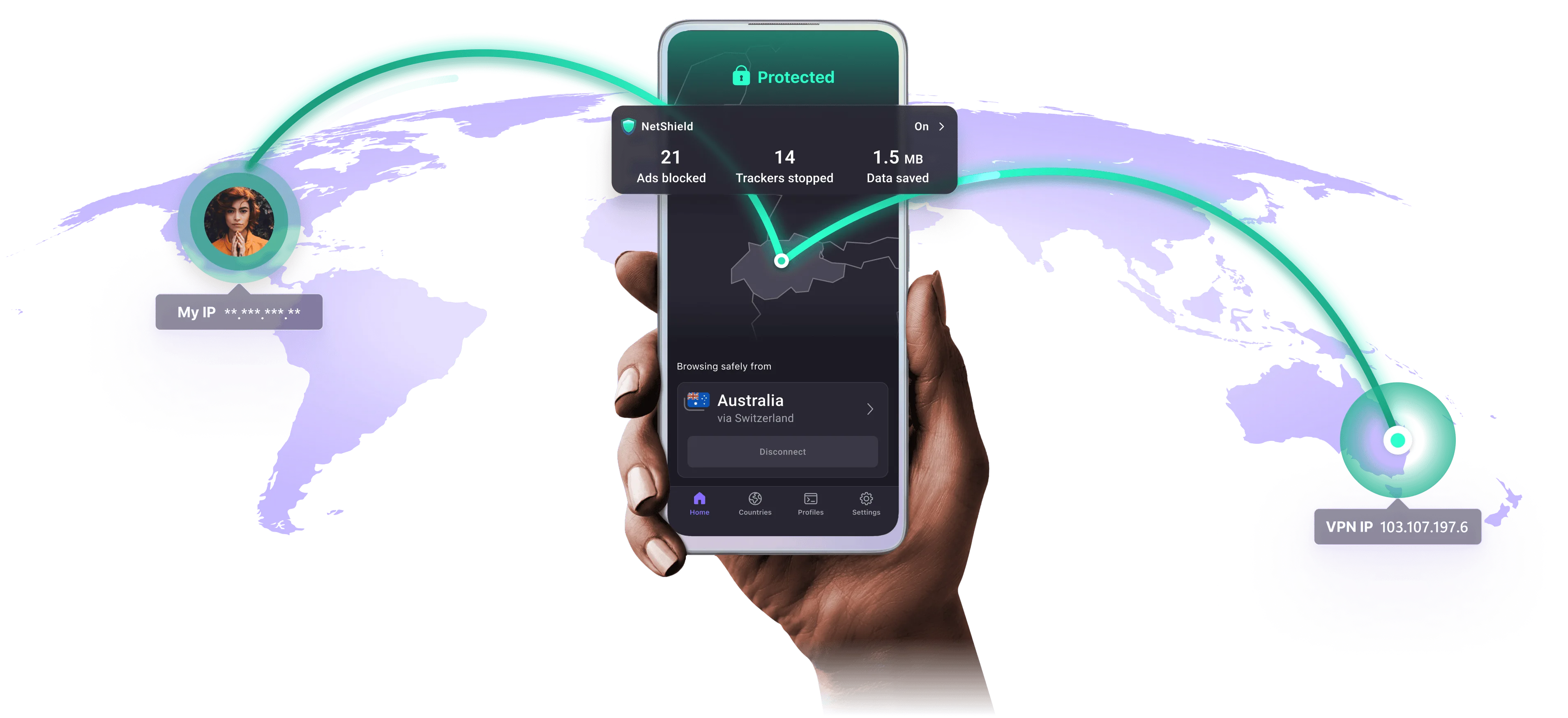 Proton VPN protected connection across a global map